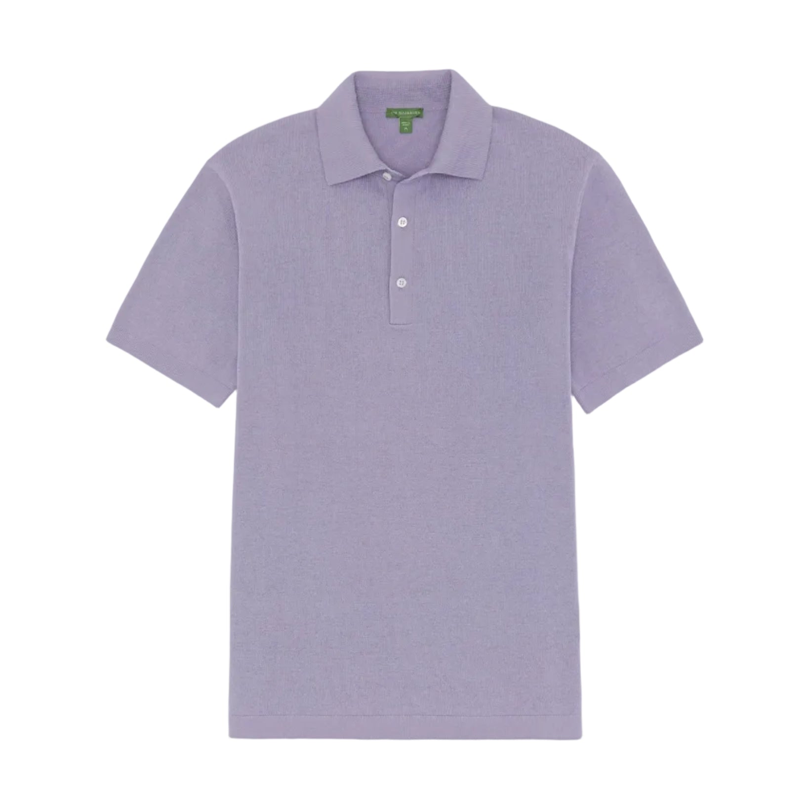 The Sid Mashburn Short-Sleeved Rally Polo Sweater is a light purple slim fit polo featuring a collar, three white buttons on the placket, short sleeves, and a green label inside the neck.
