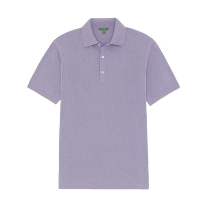 The Sid Mashburn Short-Sleeved Rally Polo Sweater is a light purple slim fit polo featuring a collar, three white buttons on the placket, short sleeves, and a green label inside the neck.