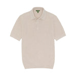 The Sid Mashburn Textured Hyannis Polo Sweater, shown on a white background, features a beige color, short sleeves, a collar, and a three-button French placket in a soft cotton-linen blend.