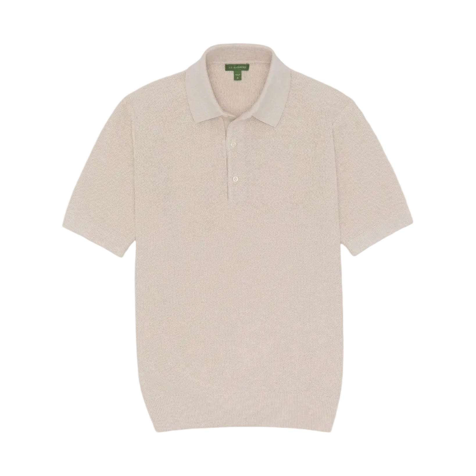 The Sid Mashburn Textured Hyannis Polo Sweater, shown on a white background, features a beige color, short sleeves, a collar, and a three-button French placket in a soft cotton-linen blend.