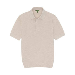 The Sid Mashburn Textured Hyannis Polo Sweater, shown on a white background, features a beige color, short sleeves, a collar, and a three-button French placket in a soft cotton-linen blend.