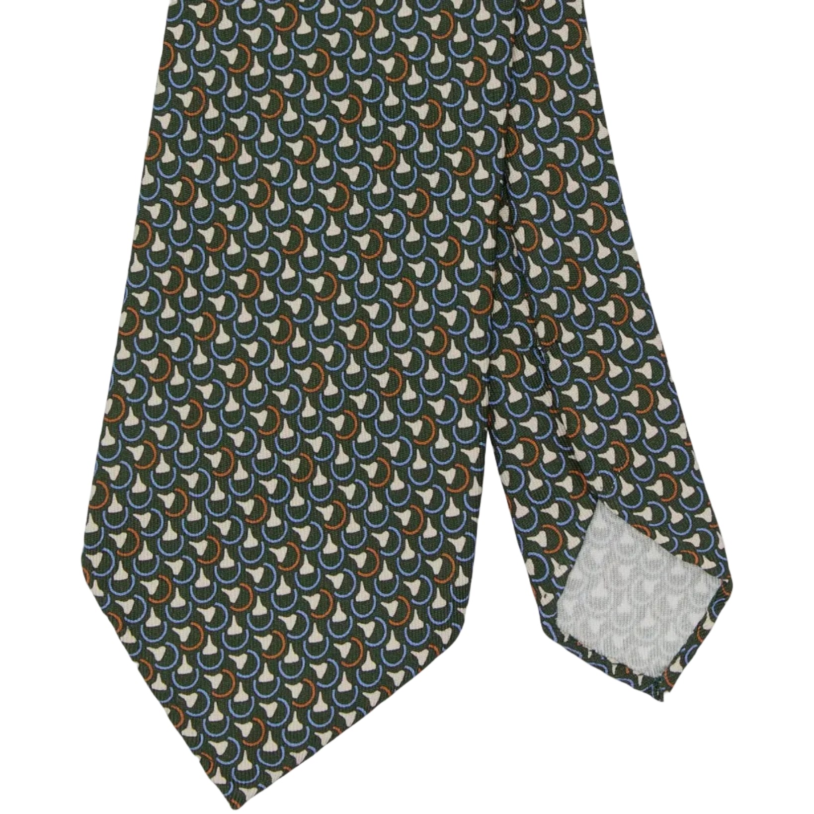 A close-up of the Sid Mashburn Silk Print Tie, measuring 8cm in width and featuring a repeating pattern of curved shapes in green, brown, blue, and white. Both the tip of the tie and a portion of the reverse side are visible.