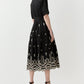 A woman stands facing away, wearing the Ann Mashburn Short-Sleeve Classic Shirtwaist Dress with white floral embroidery and black heeled sandals.