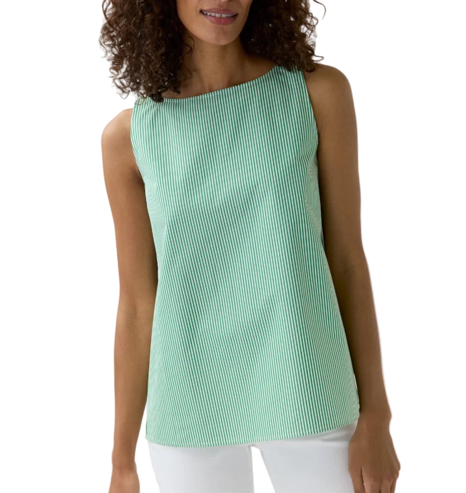 A woman wears the Ann Mashburn Bell Top, a sleeveless green-and-white Italian striped poplin blouse, paired with white pants and standing against a plain white background.