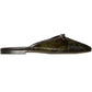 Joy Mule, a flat mule with an almond-shaped toe, small bow detail, and a green and black camouflage print.