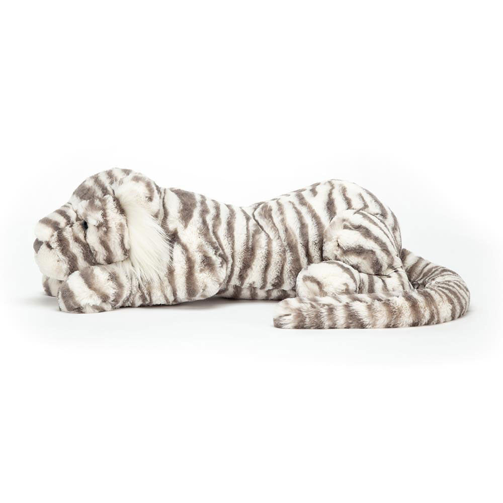 Plush stuffed animal of a Snow Tiger with grey stripes, lying down: Jellycat Sacha Snow Tiger, Really Big by Jellycat.