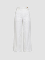 The Sailor Pant by Callas Milano features a high-waisted, wide-leg cotton twill design with front patch pockets and a button closure, shown against a plain gray background.
