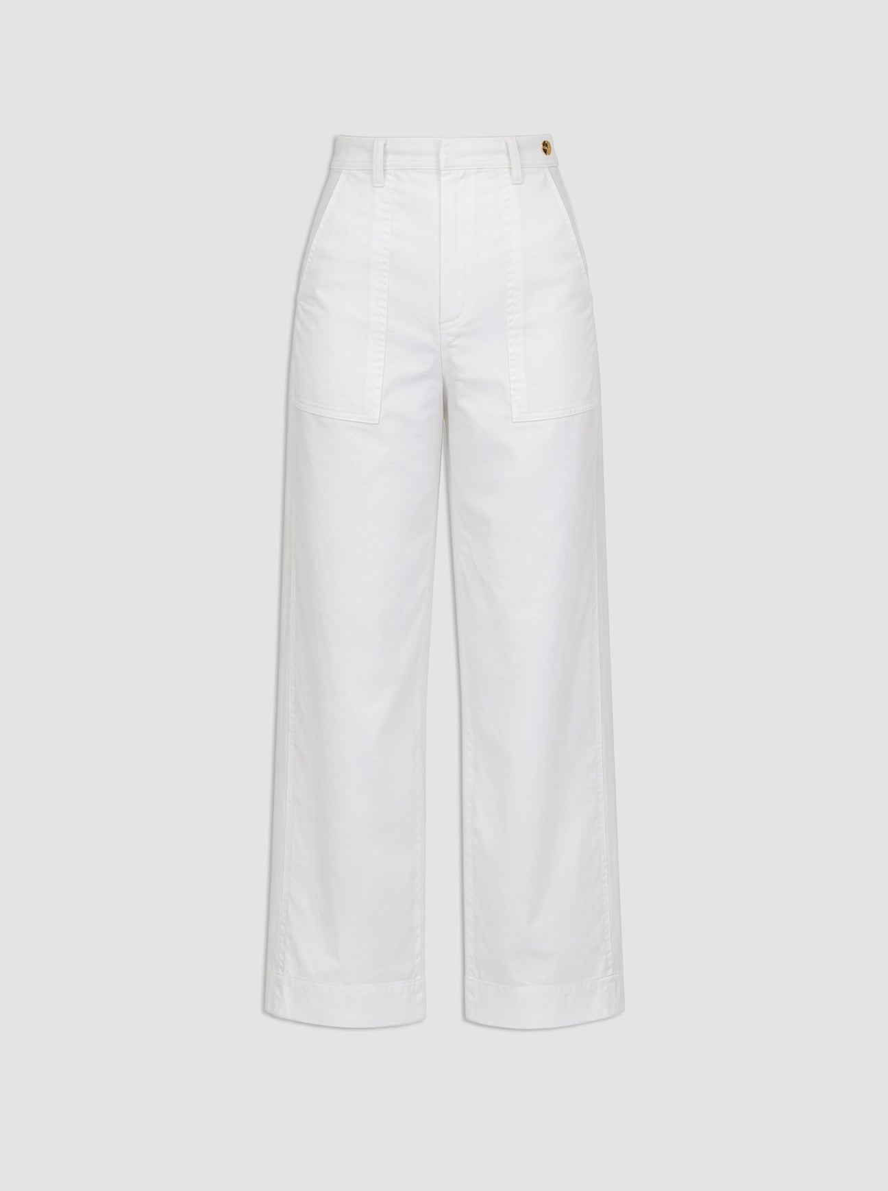 The Sailor Pant by Callas Milano features a high-waisted, wide-leg cotton twill design with front patch pockets and a button closure, shown against a plain gray background.
