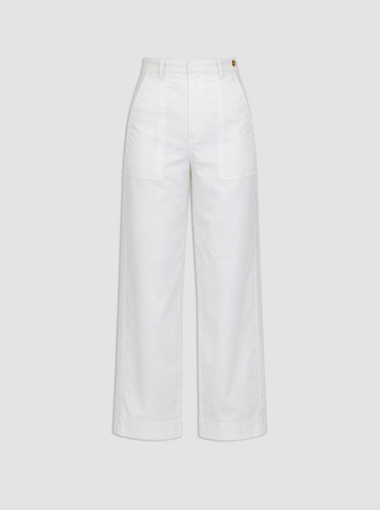 The Sailor Pant by Callas Milano features a high-waisted, wide-leg cotton twill design with front patch pockets and a button closure, shown against a plain gray background.