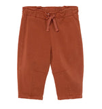 A pair of Cozmo Baby Saul Twill Pants in a rust color, featuring an elastic waistband and drawstring, displayed flat on a white background.