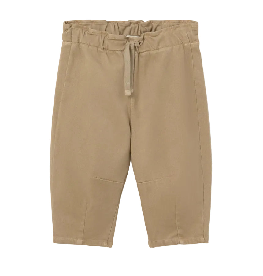 The Cozmo Baby Saul Twill Pants are tan, straight-leg baby pants featuring an elastic waistband and drawstring tie, shown on a plain white background—ideal unisex bottoms for everyday comfort.