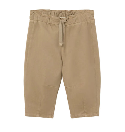 The Cozmo Baby Saul Twill Pants are tan, straight-leg baby pants featuring an elastic waistband and drawstring tie, shown on a plain white background—ideal unisex bottoms for everyday comfort.