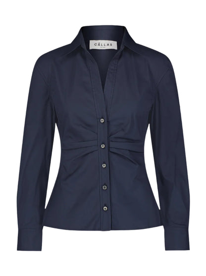 The Savile Top by Callas Milano is a dark blue, long-sleeved button-up shirt with a tailored silhouette, collar, and gathered front detail. Made from cotton poplin for style and comfort.