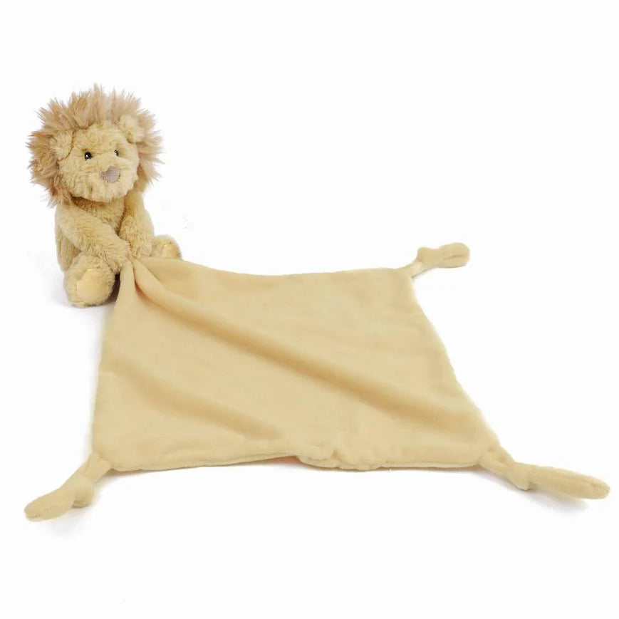 The Mon Ami Goldie the Lion Blankie features a plush lion attached to a soft beige security blanket with knotted corners—an adorable and thoughtful baby shower gift.