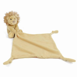 The Mon Ami Goldie the Lion Blankie features a plush lion attached to a soft beige security blanket with knotted corners—an adorable and thoughtful baby shower gift.