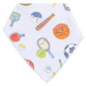 The Angel Dear Bandana Bib features colorful cartoon sports gear—like bats, balls, and rackets—on soft white cloth. Perfect for active little ones as a stylish bandana or handy teething bib.