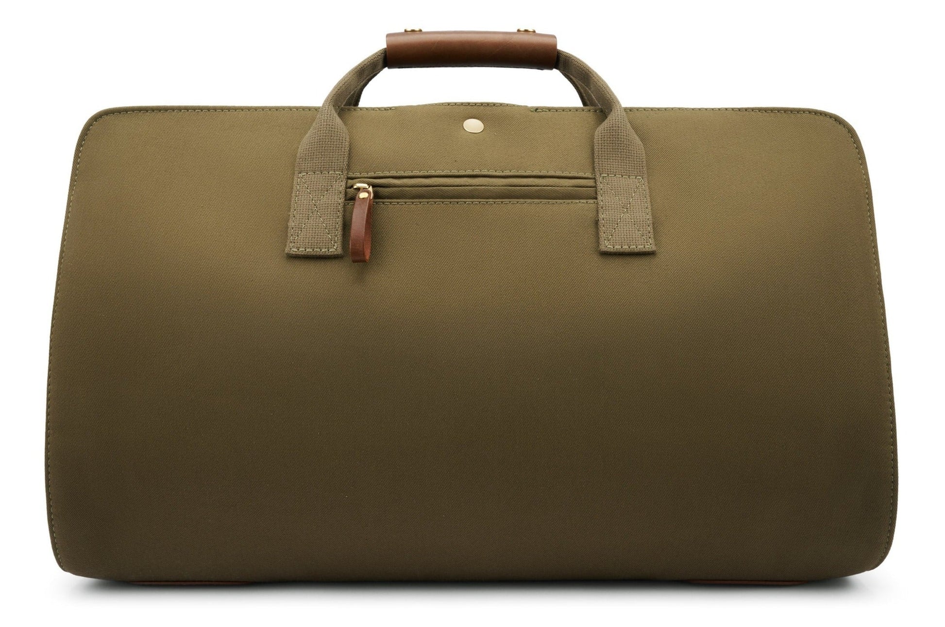 Introducing the Bennett Winch S.C Holdall, a versatile green waterproof canvas tote bag featuring a brown handle and a convenient front zipper pocket.