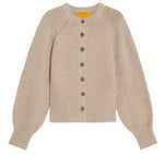 The Sculpted Cardigan by Guest in Residence is a beige cashmere sweater with long puffed sleeves, ribbed cuffs and hem, and a front button closure.