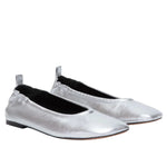 The 3.1 Phillip Lim ID Stretch Back Ballet Flats are a sleek metallic-silver leather design, showcasing elegant square toes and low heels, set against a crisp white background.