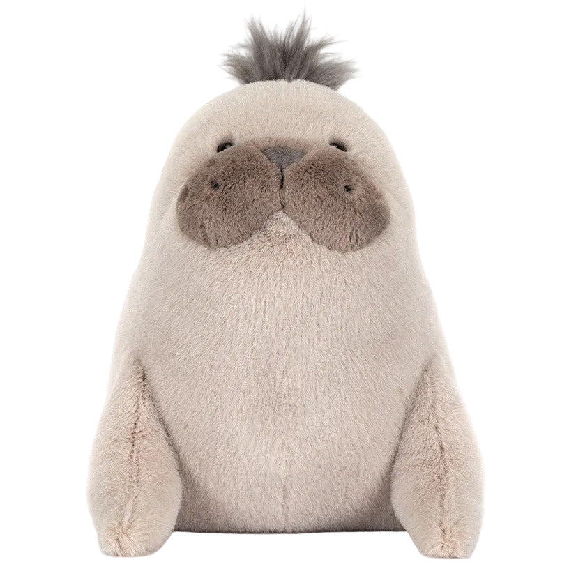 The Jellycat Roarwell Sea Lion is a plush toy with light gray fur, a round body, small flippers, and a tuft of darker fur—an adorable companion for any young thespian who loves to dance.
