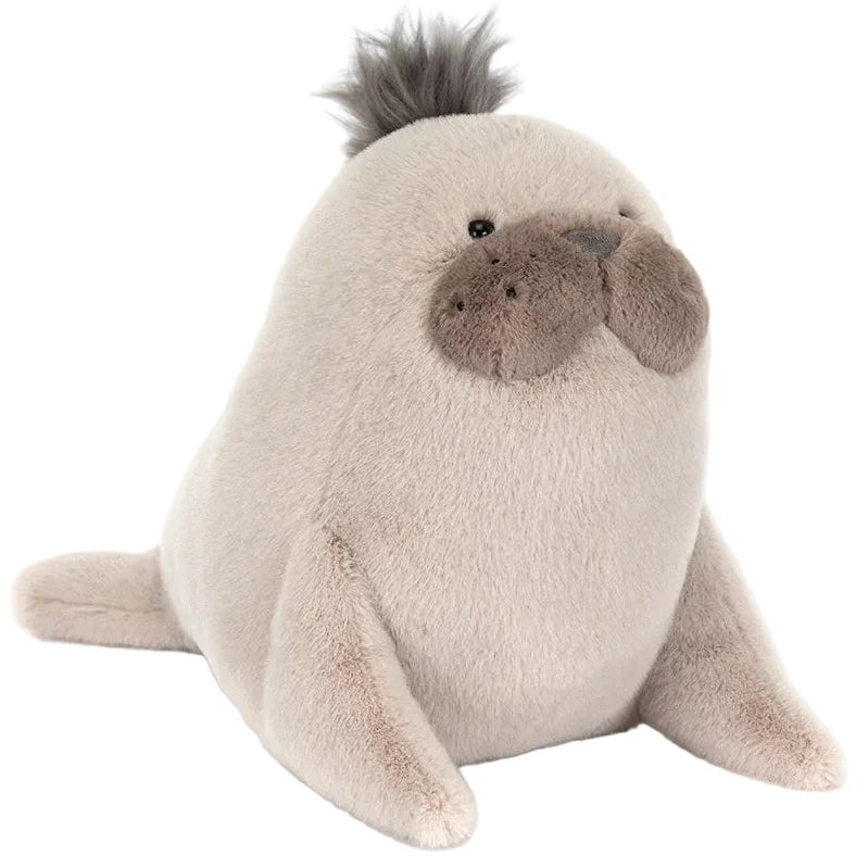 The Jellycat Roarwell Sea Lion is a plush toy with light gray fur, darker gray flippers, a round snout, and a tuft of gray hair on its head, sitting upright in a playful pose.