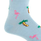 Add a playful touch to any outfit with Dapper Classics Sky Blue with Rose Flamingo and Palm Trees Cotton Socks, featuring a linked toe for comfort and a vibrant design of pink flamingos and palm trees.