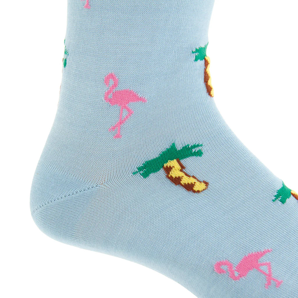 Add a playful touch to any outfit with Dapper Classics Sky Blue with Rose Flamingo and Palm Trees Cotton Socks, featuring a linked toe for comfort and a vibrant design of pink flamingos and palm trees.