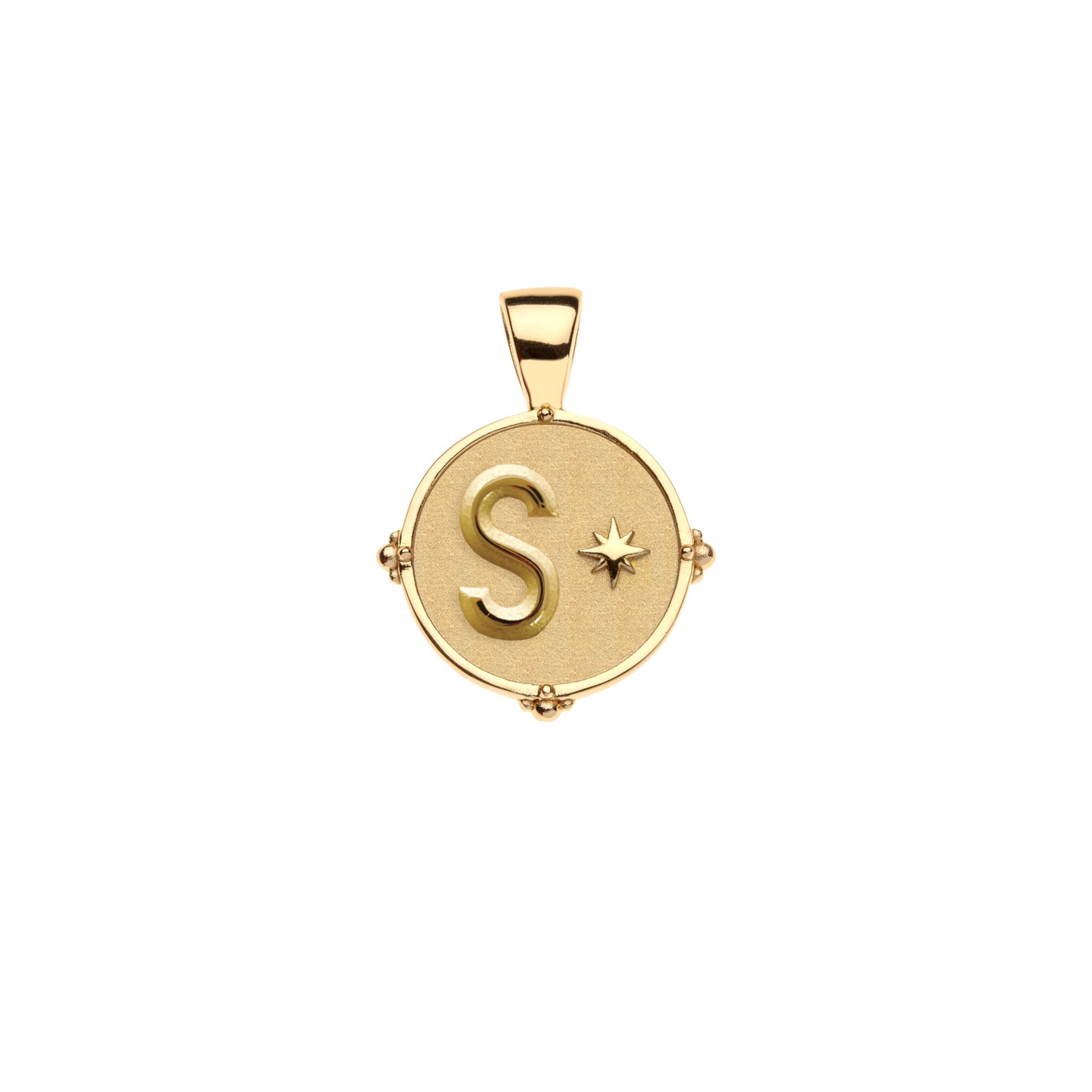 The Jane Win Letter Pendant Satellite Necklace Collection features a 14k gold pendant with a raised "S" and star on a matte round background—a perfect personalized necklace.
