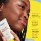 A person holds Supergoop Glowscreen SPF 40 in Sunrise. Text highlights its benefits: wrinkle protection, use as a makeup primer, and a luminous finish from illuminating pearls.