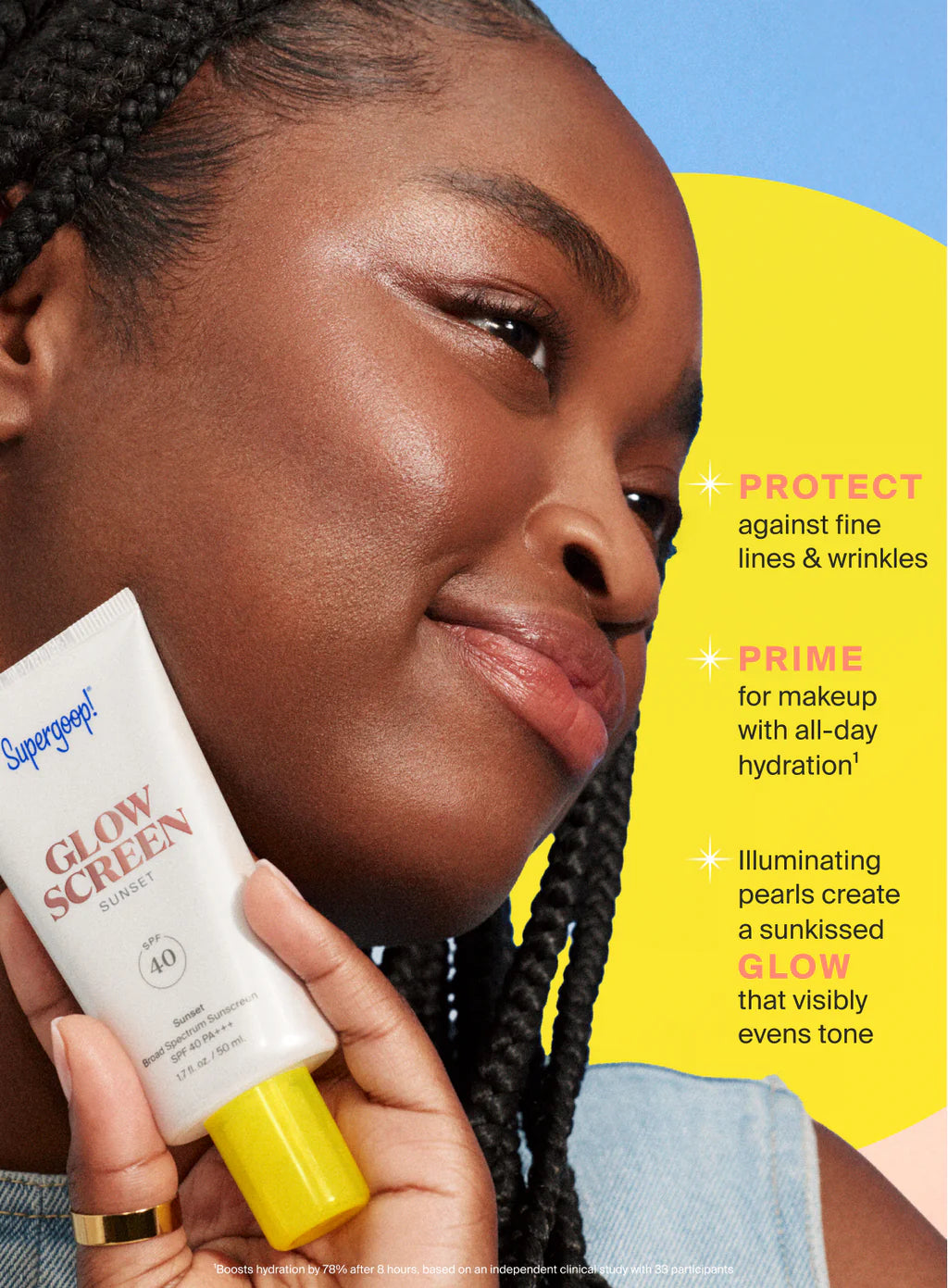 A person holds Supergoop Glowscreen SPF 40 in Sunrise. Text highlights its benefits: wrinkle protection, use as a makeup primer, and a luminous finish from illuminating pearls.