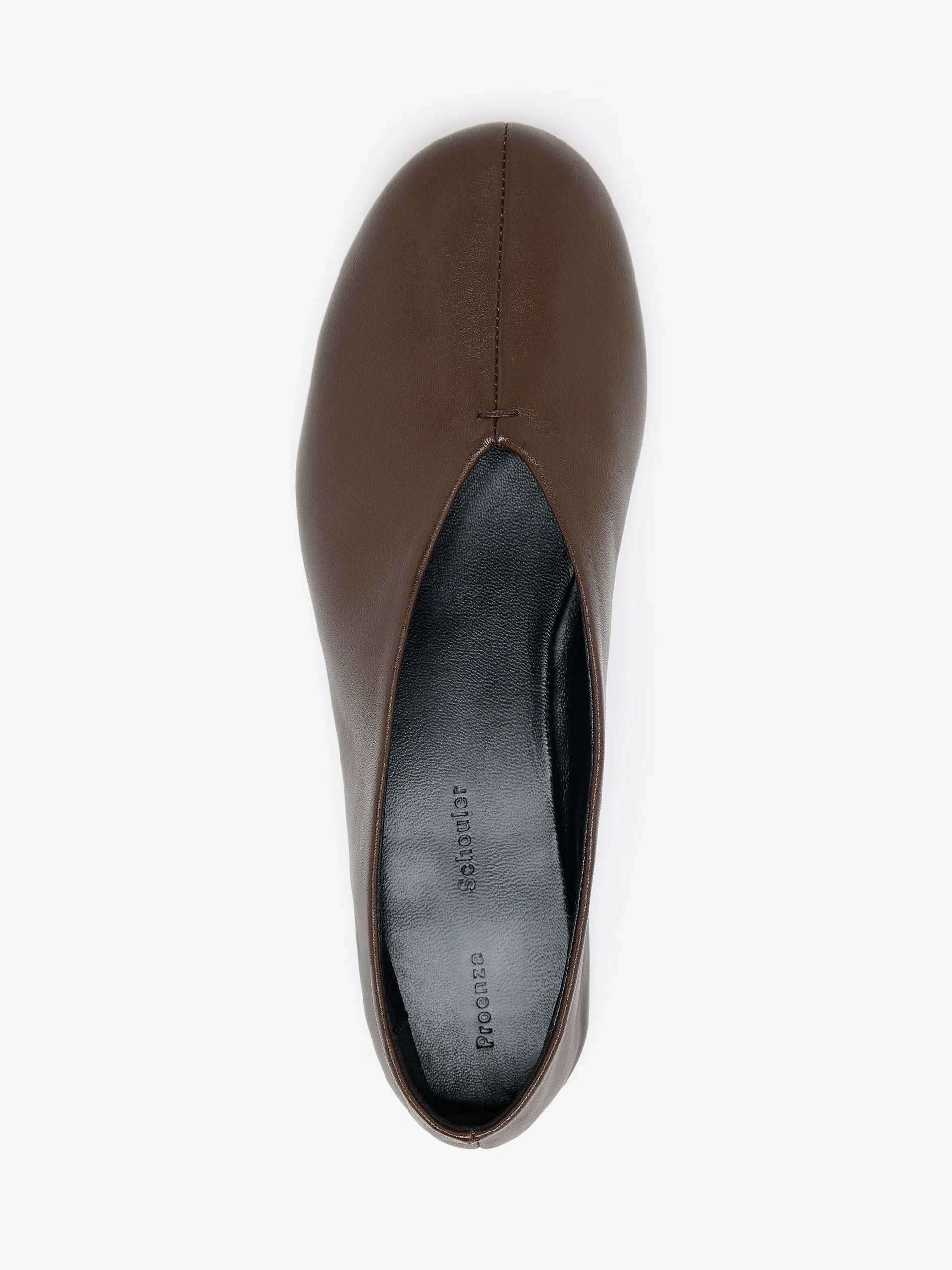 A top view of a single Proenza Schouler Tee Ballet Flat in brown Nappa leather with a black insole, shown on a white background.