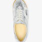 A top view of the Proenza Schouler Track Crinkled Metallic Sneakers features white laces, a memory foam insole, and a light tan sole, all photographed on a plain white background.