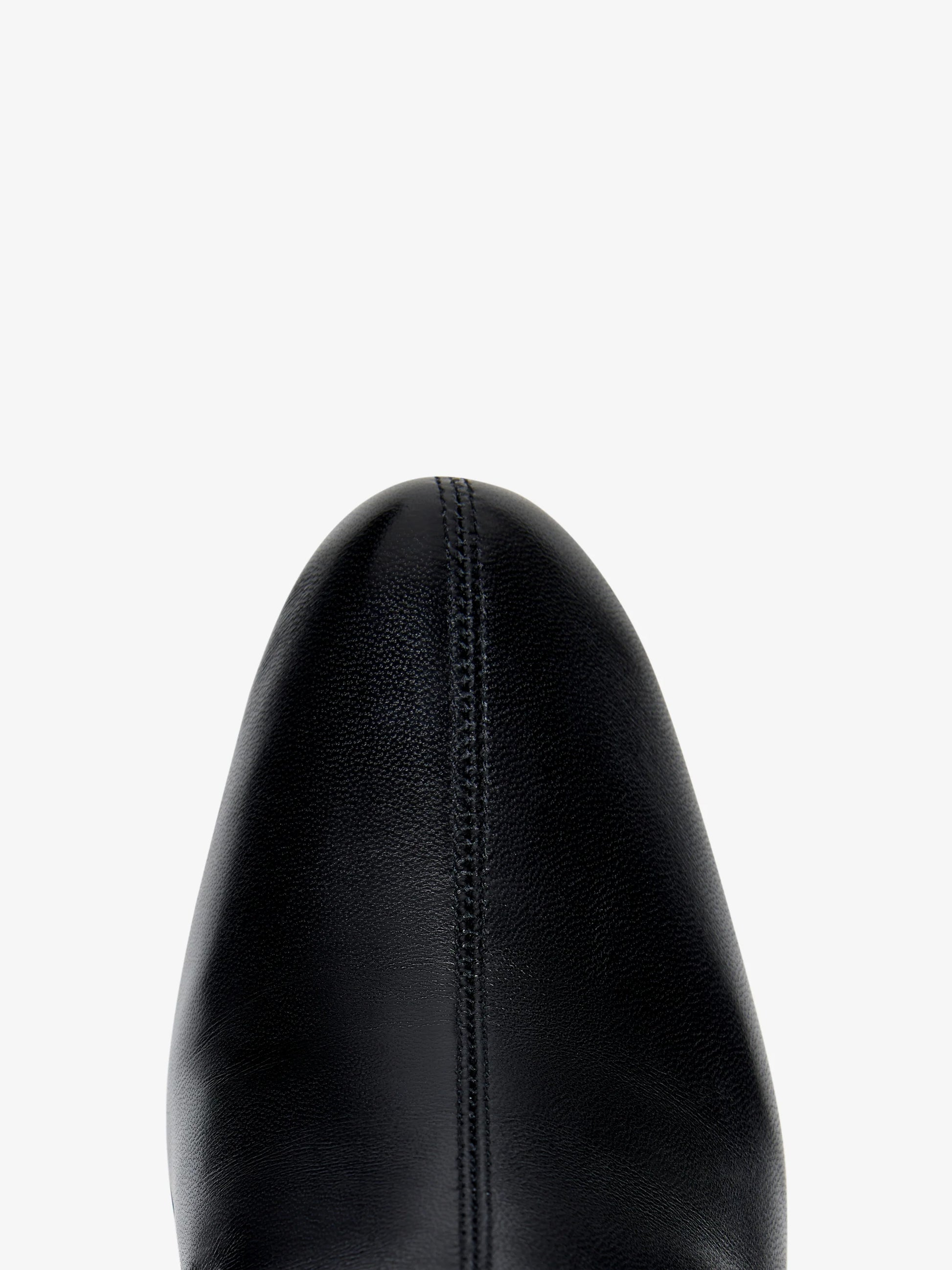 Top view of the toe section of the Proenza Schouler Uma Ankle Boots in black leather, featuring a central stitched seam, against a plain white background.