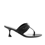 The Proenza Schouler Cable T Strap Sandals are black slip-on heels featuring a thin sole, low flared heel, and a textured gathered top strap.