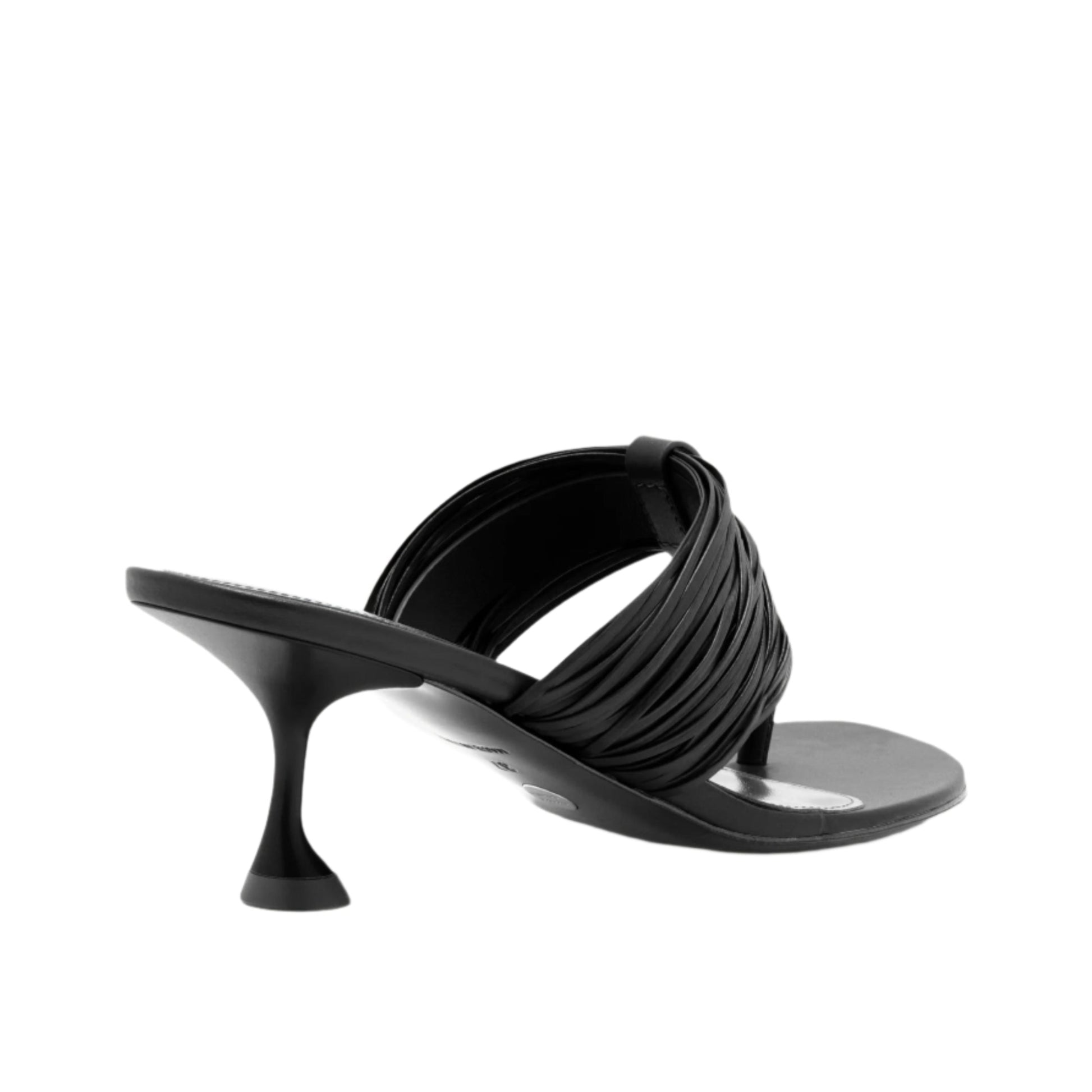 The Proenza Schouler Cable T Strap Sandals are black heeled sandals with a sculpted heel and woven straps, plus a gathered top strap, shown from the back and side on a white background.