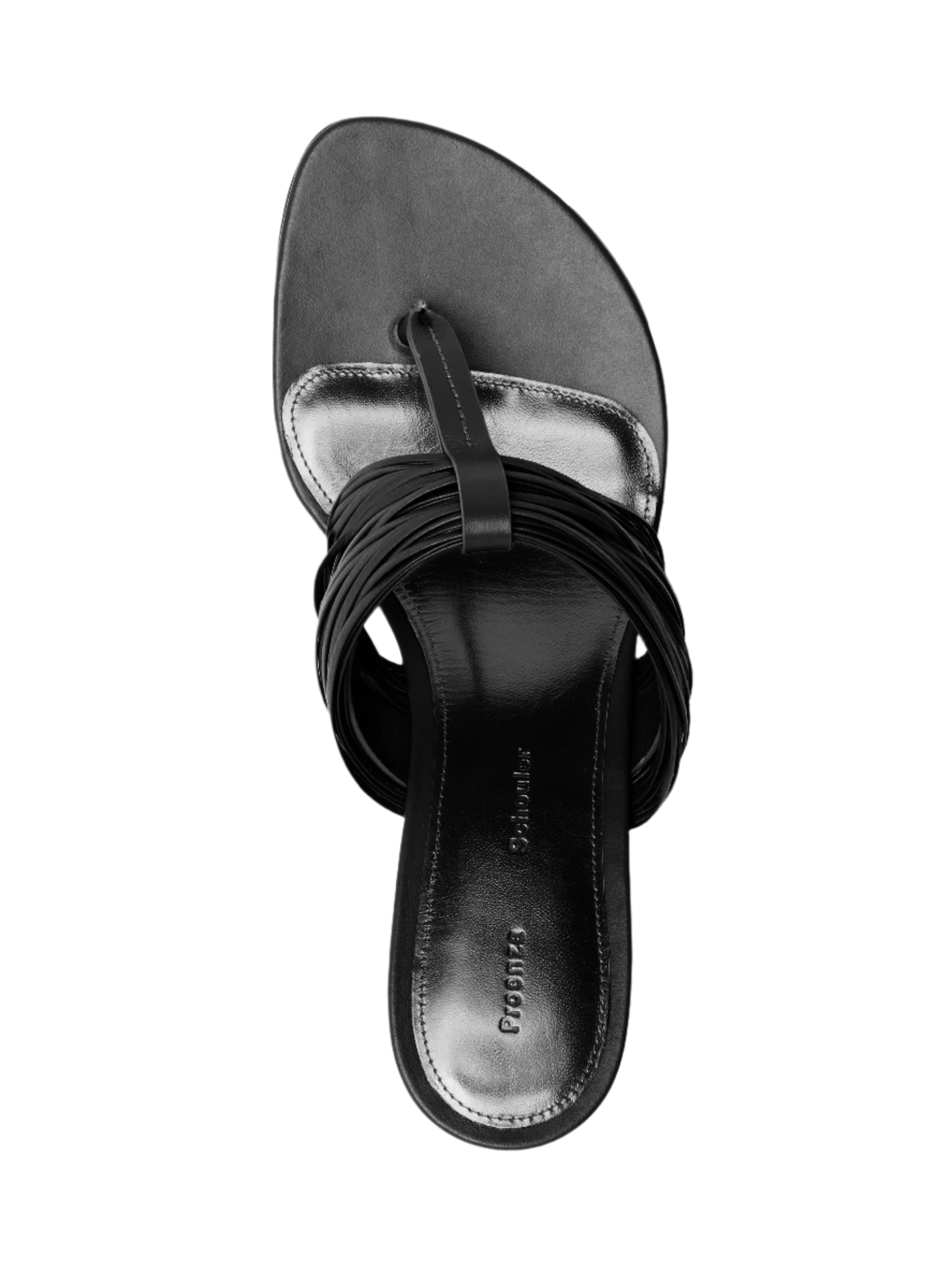 The Proenza Schouler Cable T Strap Sandals are black slip-ons with a square toe, multiple thin straps, and a chic toe loop.