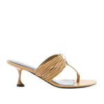 The Proenza Schouler Cable T Strap Sandals feature a tan slip-on design with a thin sole, mid-height heel, and a stylish gathered top strap.