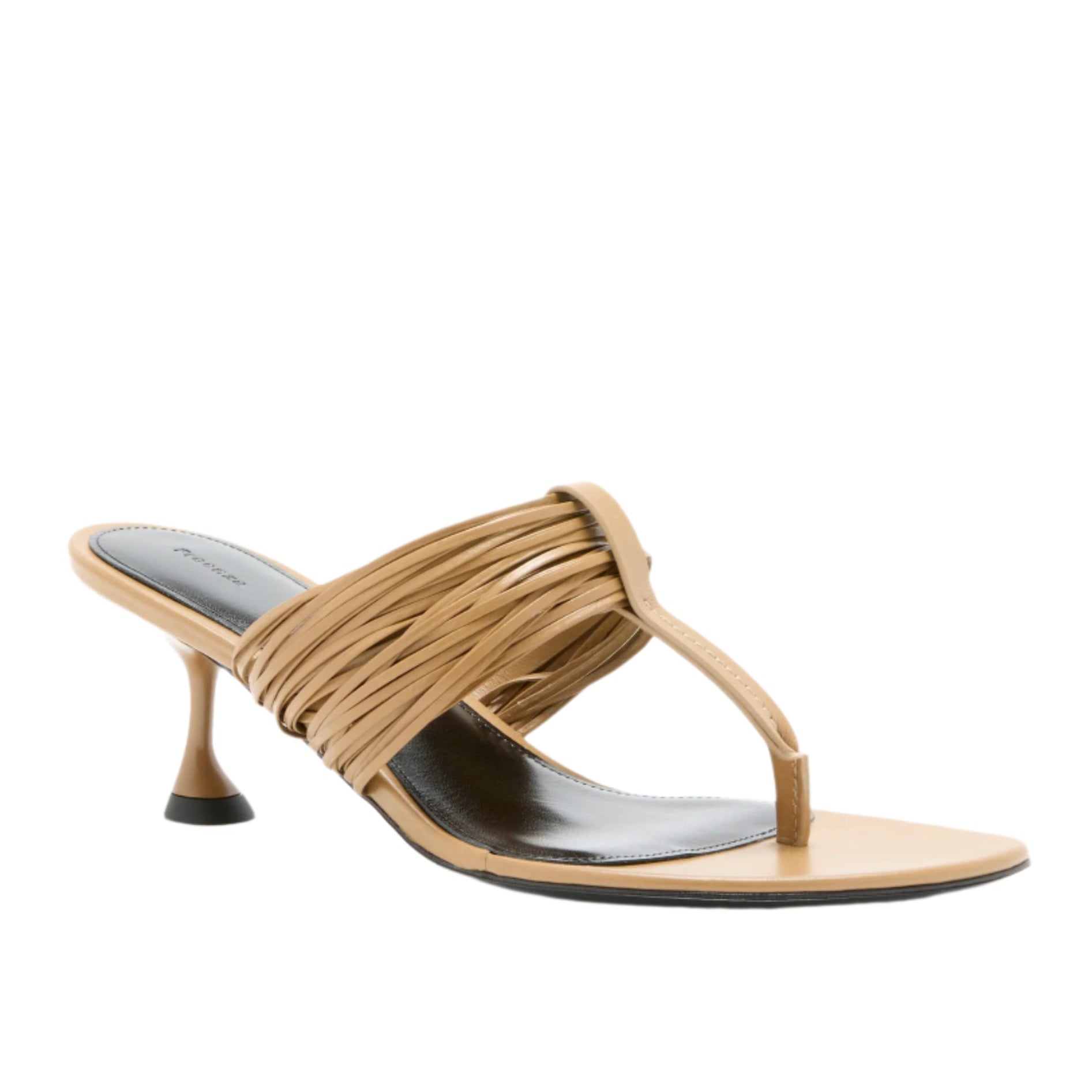 The Cable T Strap Sandals by Proenza Schouler feature a beige gathered top strap, thong front, and flared kitten heel—an easy slip-on style perfect for any occasion.