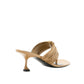 The Proenza Schouler Cable T Strap Sandals feature a tan hue, gathered top strap, woven detailing, open toe, slip-on design, and a flared sculpted heel. Shown on a plain white background.