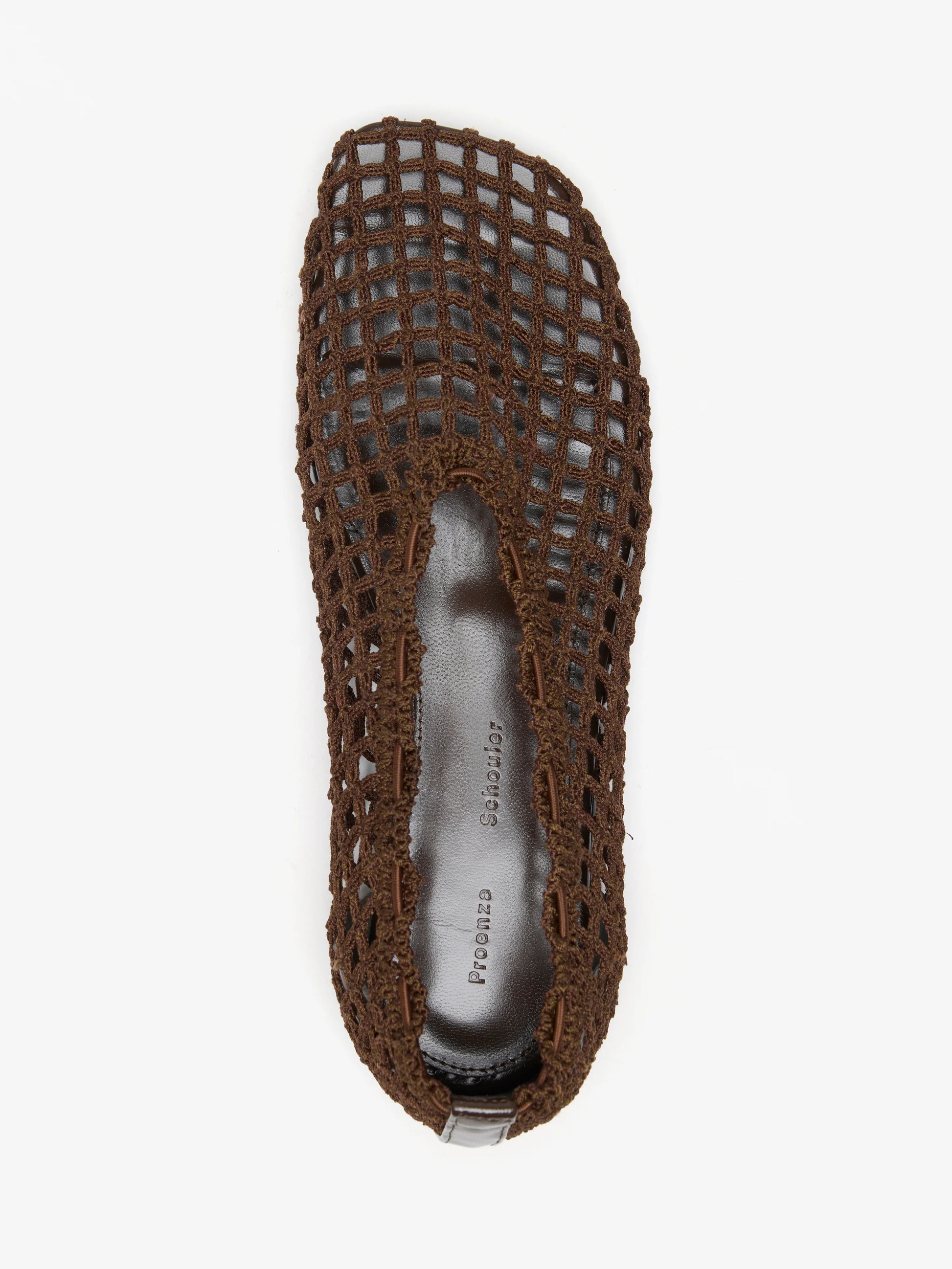 The Proenza Schouler Slant Crochet Flat showcases a brown woven slip-on design with a squared toe, grid-like crochet pattern, and a gray insole marked "recycled.