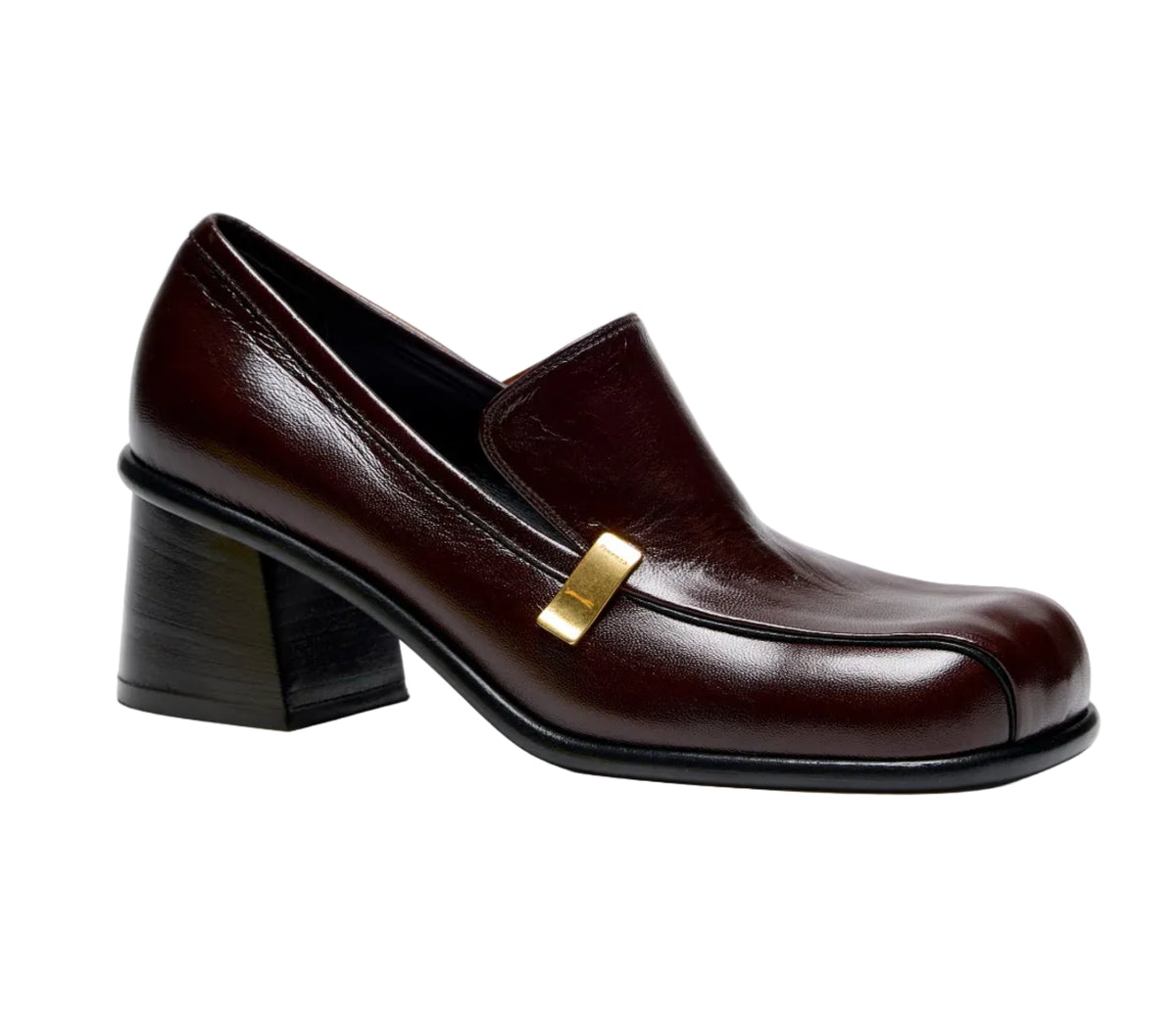Proenza Schouler Esme Loafer in dark brown Nappa Latex with a square toe, block heel, and a rectangular gold-tone metal accent on the side.