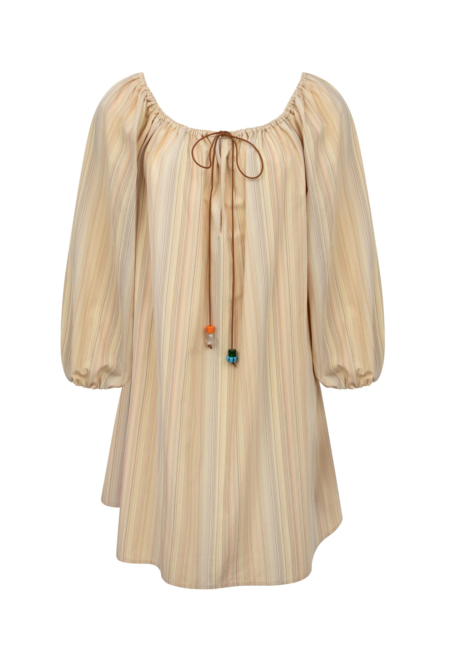 The Bonnie Short Stripe Dress by Bernadette features beige and cream stripes, three-quarter puff sleeves, a scoop neckline, and a front tie with beaded ends—ideal for stylish summer looks.