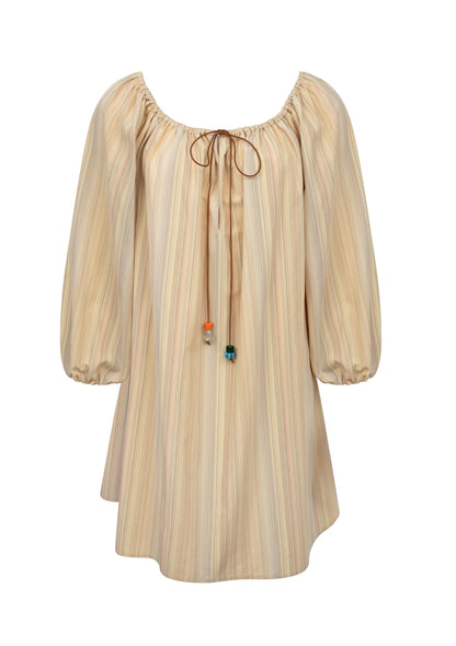 The Bonnie Short Stripe Dress by Bernadette features beige and cream stripes, three-quarter puff sleeves, a scoop neckline, and a front tie with beaded ends—ideal for stylish summer looks.
