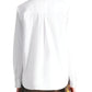Someone wearing the Lela Rose Draped Rose Button Down Shirt in white cotton poplin with a brown skirt featuring yellow floral patterns, seen from the back.