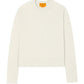 Guest in Residence's Shrunken Crew Cashmere Sweater is a white slim-fit long-sleeve knit with a round neckline and features a visible orange label on the inside collar.