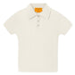 The Shrunken Cashmere Polo by Guest in Residence features short sleeves, a collared ribbed waffle knit in off-white, and a three-button placket, shown flat on a white background.
