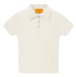 The Shrunken Cashmere Polo by Guest in Residence features short sleeves, a collared ribbed waffle knit in off-white, and a three-button placket, shown flat on a white background.