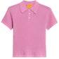 The Shrunken Cashmere Polo by Guest in Residence is a short-sleeve, light purple waffle knit shirt with a ribbed texture, three buttons, and a flat collar, shown on a plain white background.