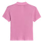 The Shrunken Cashmere Polo by Guest in Residence is displayed from the back. This short-sleeved, ribbed, light pink lightweight shirt stands out against a white background.
