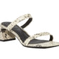 The Clara Snake Block Heel by Simkhai is a women's sandal with textured leather block heels, two thin straps, a squared toe, and a white snake print pattern.